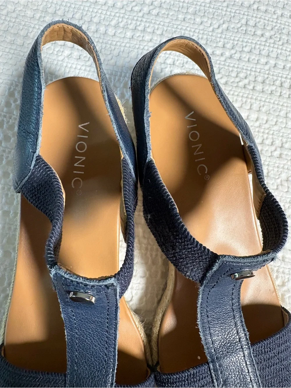 Vionic Calera Navy T Strap Jute Espadrille Wedge Sandal Sz 10